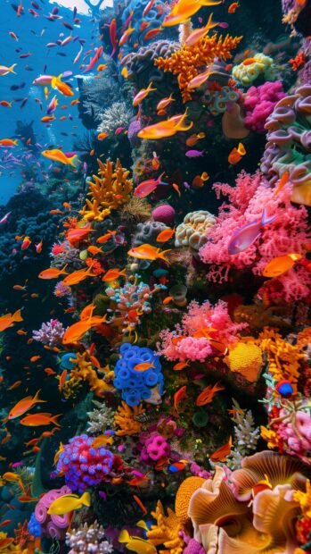 A vibrant coral reef with various marine life and bright colors.