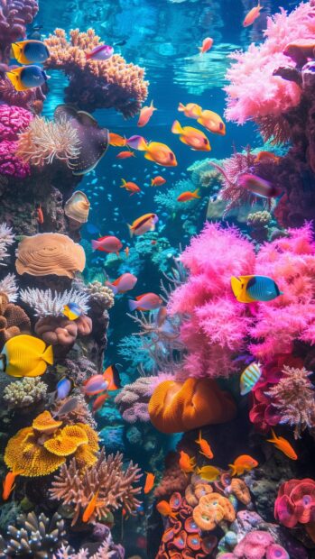 A vibrant coral reef with various marine life and bright colors, Ocean Aesthetic wallpaper.