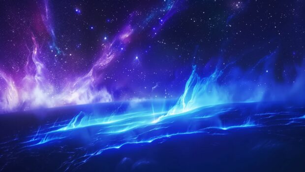 A vibrant depiction of a blue aurora dancing over a distant planet, with the starry sky creating a magical effect, Blue Space desktop wallpaper.