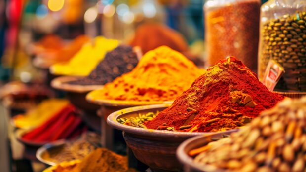 A vibrant market in India with colorful stalls and exotic spices, 4K wallpaper for OLED TV.