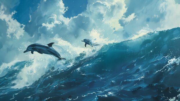 A vibrant ocean wallpaper scene with dolphins leaping out of the water.