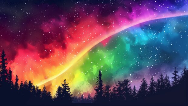 A vibrant space 1080p wallpaper featuring a colorful aurora borealis stretching across the sky, with a silhouette of a forest below.