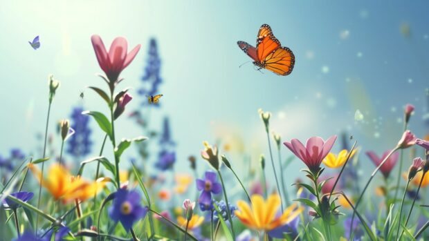A vibrant spring meadow with blooming wildflowers and butterflies, Free HD Wallpapers.
