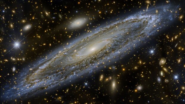 A view of the Andromeda galaxy with detailed spiral arms and glowing core space wallpaper.