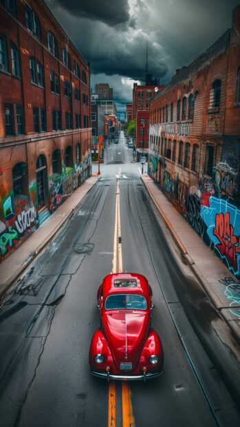 A vintage car cruising down a cool urban street lined with graffiti art.