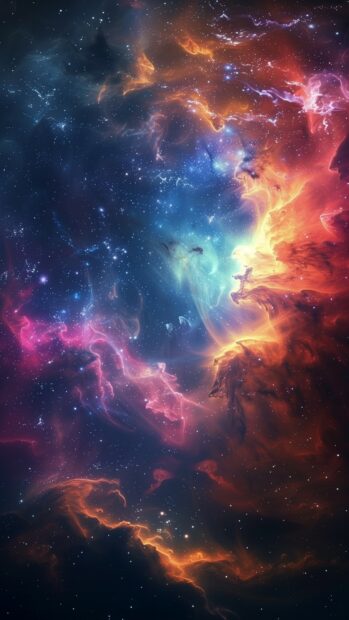 A vivid nebula space wallpaper for iPhone with swirling gases and bright stars.