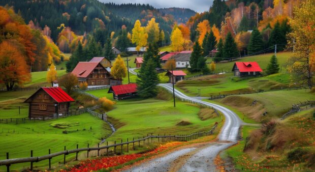 A winding country road lined with vibrant autumn trees leading to a charming village.