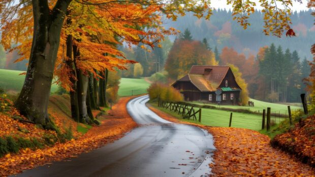 A winding country road lined with vibrant autumn trees leading to a charming village.