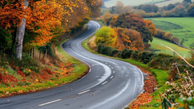 A winding country road lined with vibrant autumn trees leading towards distant hills.