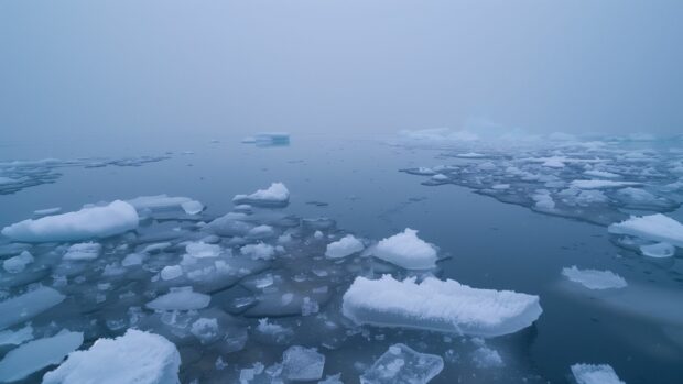 A winter ocean background with icebergs floating and a cold, gray sky.