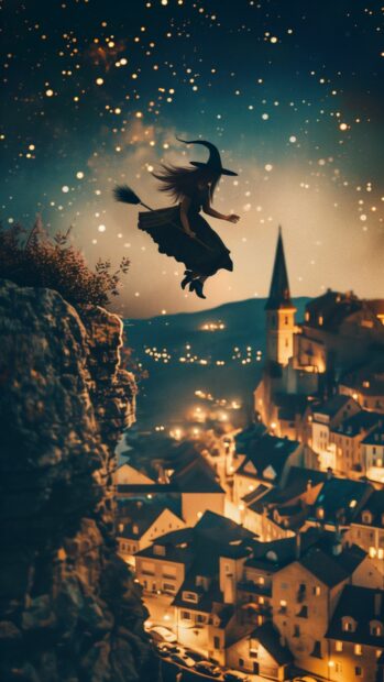 A witch flying on her broomstick over a 19th century village on Halloween night, vintage colors.