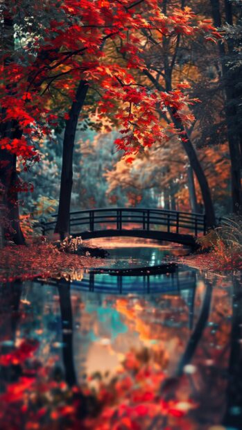 A bridge over a stream with colorful fall trees.