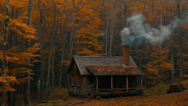 A cabin with smoke rising from the chimney, Autumn forest desktop wallpaper .