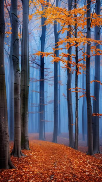 A foggy morning in a fall forest Android Wallpapers HD.