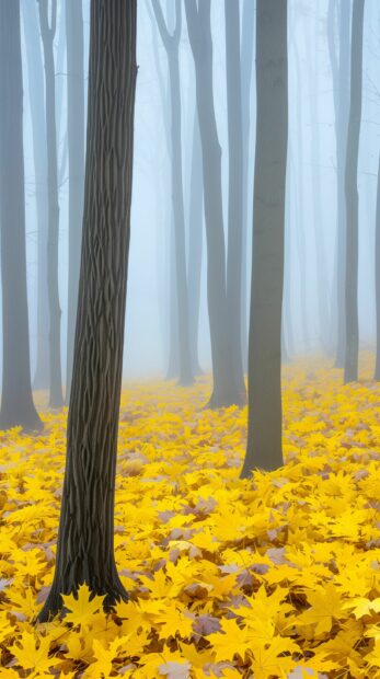 A foggy morning in a fall forest iPhone background.