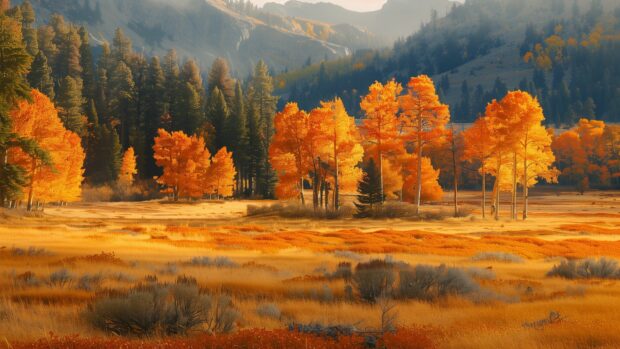A golden meadow with scattered trees in fall colors 8K Wallpaper.