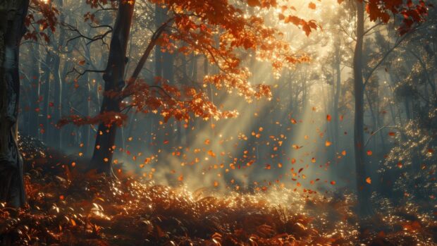 A misty forest with sunlight filtering through autumn.