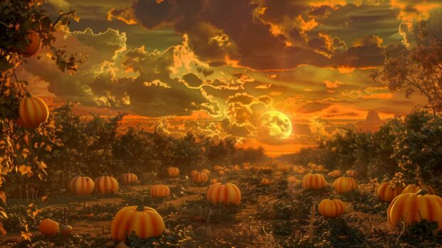 A pumpkin patch at sunset with a golden sky, Fall wallpaper.