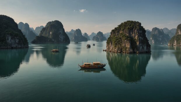 A reflective Halong Bay wallpaper.