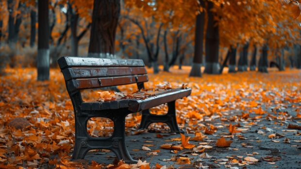 A rustic bench in a park with falling leaves.