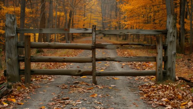 A rustic gate leading to a forest with autumn colors.
