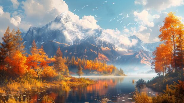 A scenic mountain landscape in fall background.
