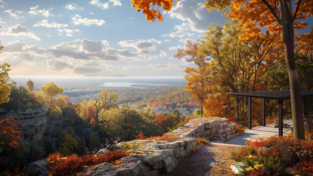 A scenic overlook with a panoramic view of a fall 4K background.