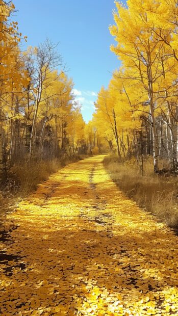 A serene forest path covered in golden leaves, Fall iPhone background.