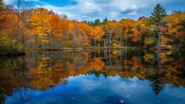 A tranquil lake reflecting colorful fall foliage, Autumn Wallpaper for Desktop.
