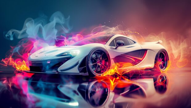 A white and black car drawing with smoke in the style cool car desktop wallpaper 4K.