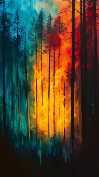 Abstract art forest fire, dynamic and intense colors HD wallpaper mobile.