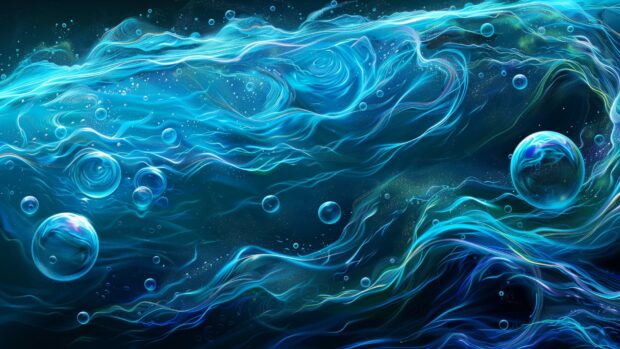 Abstract background underwater scene, flowing waves and bubbles.