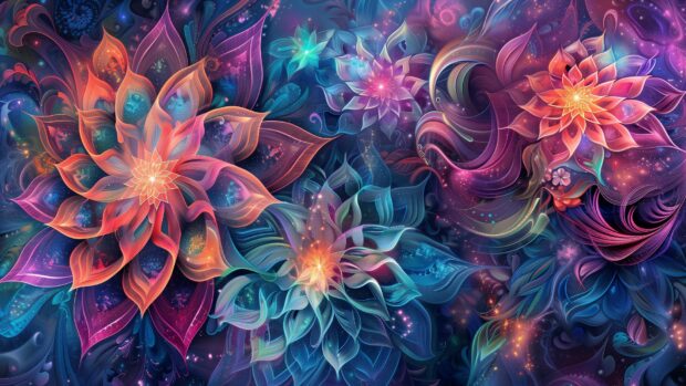 Abstract blooming flowers, intricate details, vibrant hues wallpaper.