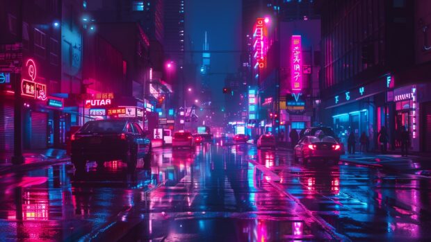 Abstract cityscape at night, neon lights HD background.