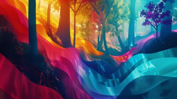 Abstract colorful forest landscape, surreal colors and shapes background.