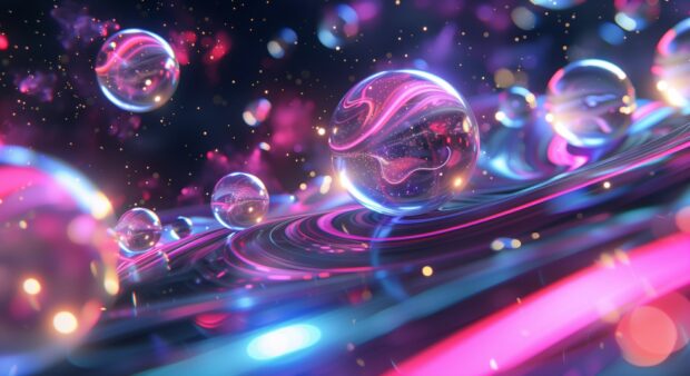 Abstract cool 3D spheres floating in a cosmic void with glowing trails.