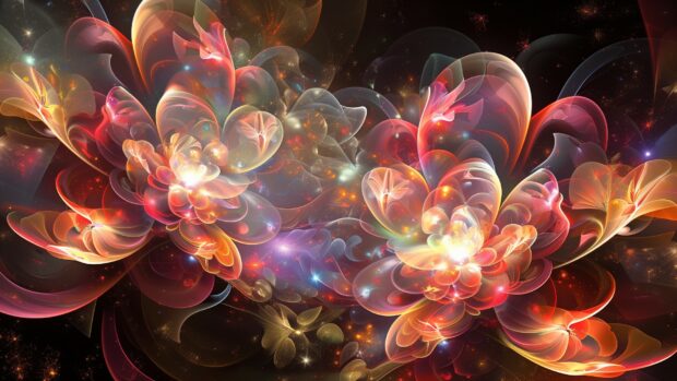 Abstract cosmic flowers, galaxy background, bright petals wallpaper.