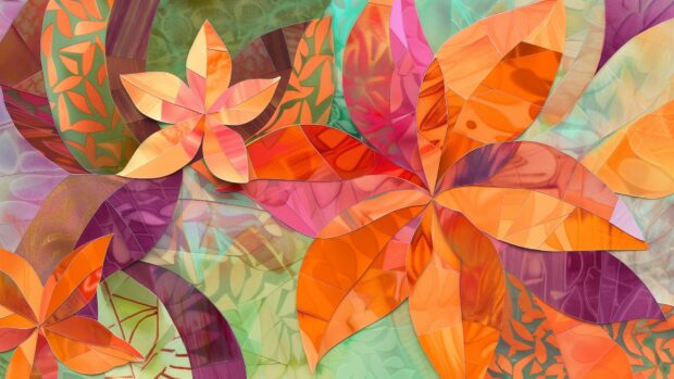 Abstract floral collage, layered petals, colorful patterns wallpaper.