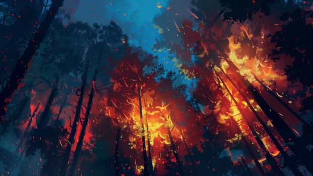 Abstract forest fire, dynamic and intense colors desktop wallpaper free download.