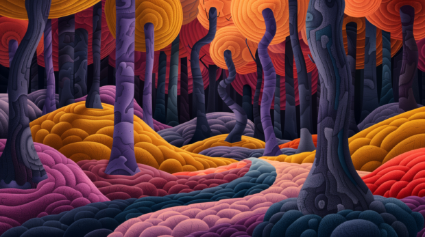 Abstract forest landscape, surreal colors and shapes 4K Wallpaper.