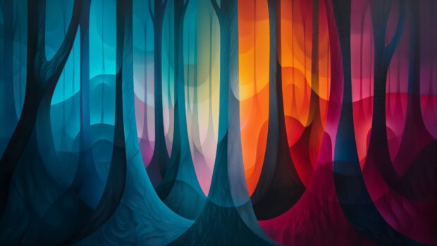 Abstract forest landscape, surreal colors and shapes background for desktop HD.