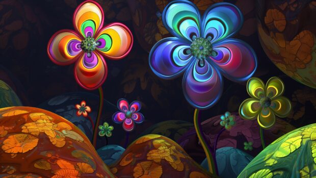 Abstract garden, multicolored flowers, surreal background desktop wallpaper.