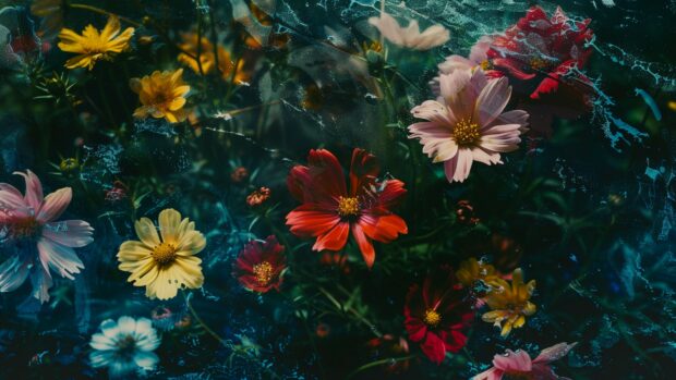 Abstract garden, multicolored flowers, surreal desktop background.