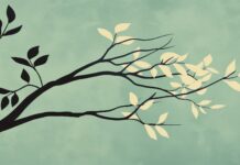 Abstract minimalist tree, simplified branches and leaves desktop background.