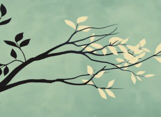 Abstract minimalist tree, simplified branches and leaves desktop background.