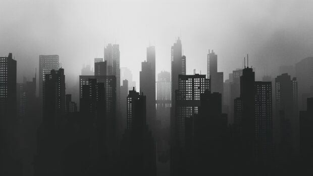 Abstract minimalist urban skyline, stark silhouettes Wallpaper.