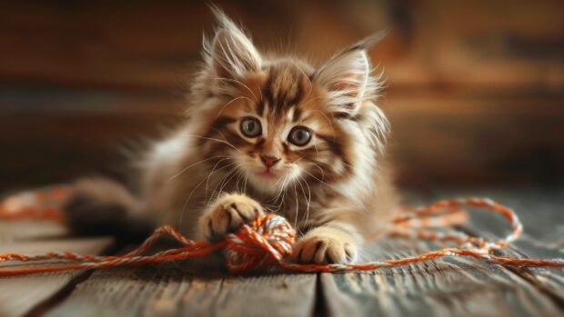 Adorable Cat playing with a ball of yarn, background for desktop.