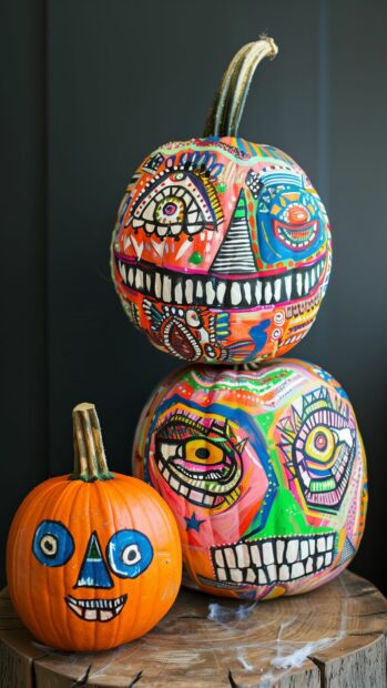 Adorable Halloween pumpkins with cute faces and colorful patterns, Cute Halloween iPhone Wallpaper.