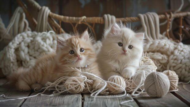 Adorable double cats playing with a ball of yarn, 1080p background.