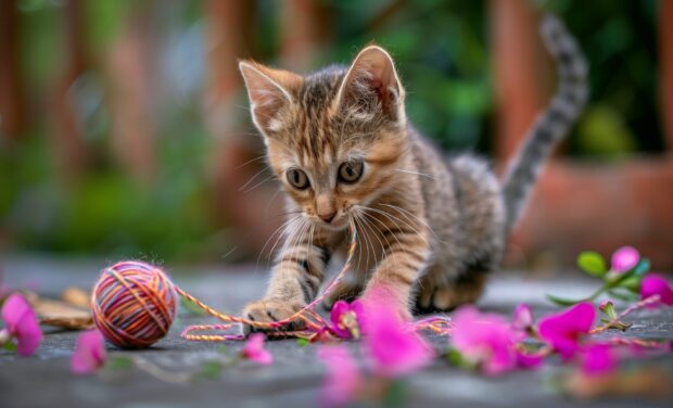 Adorable kitten playing with a ball of yarn, Cat Desktop Wallpaper HD.